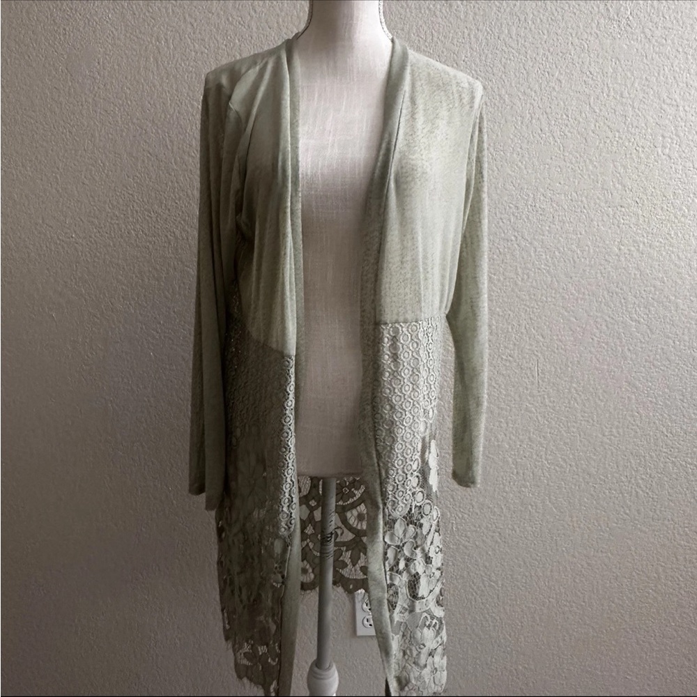 Siren Lily Maternity Open Front Cardigan Size XL Sheer Lace Crochet Kimono Green